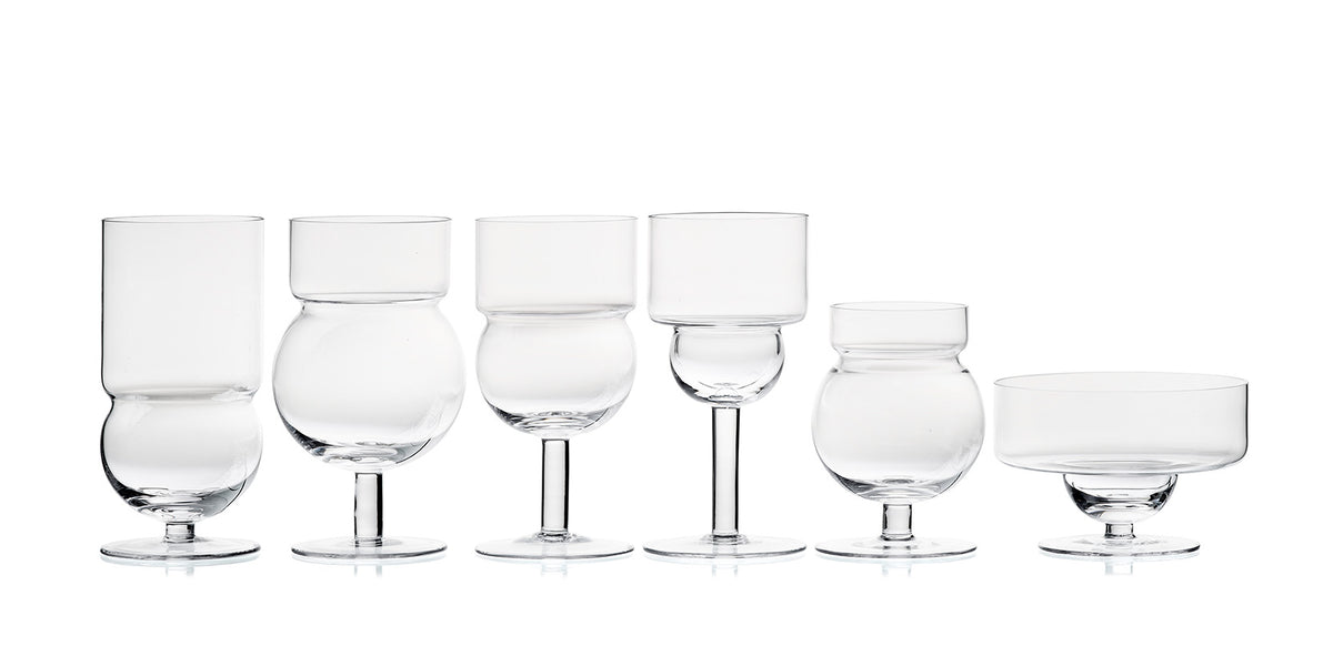 Verres Sferico de Joe Colombo - Cassina-six verres transparents de formes différentes alignés-Cassina