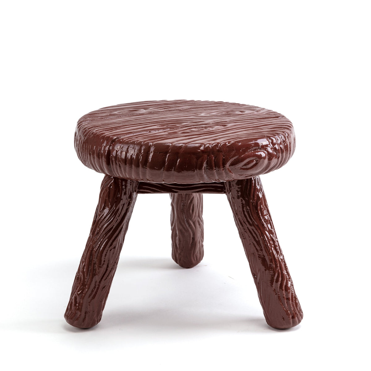 Tabouret Milk Blow brun de Studio Job - Seletti-tabouret trois pieds à texture de bois brun, vue de face-Seletti