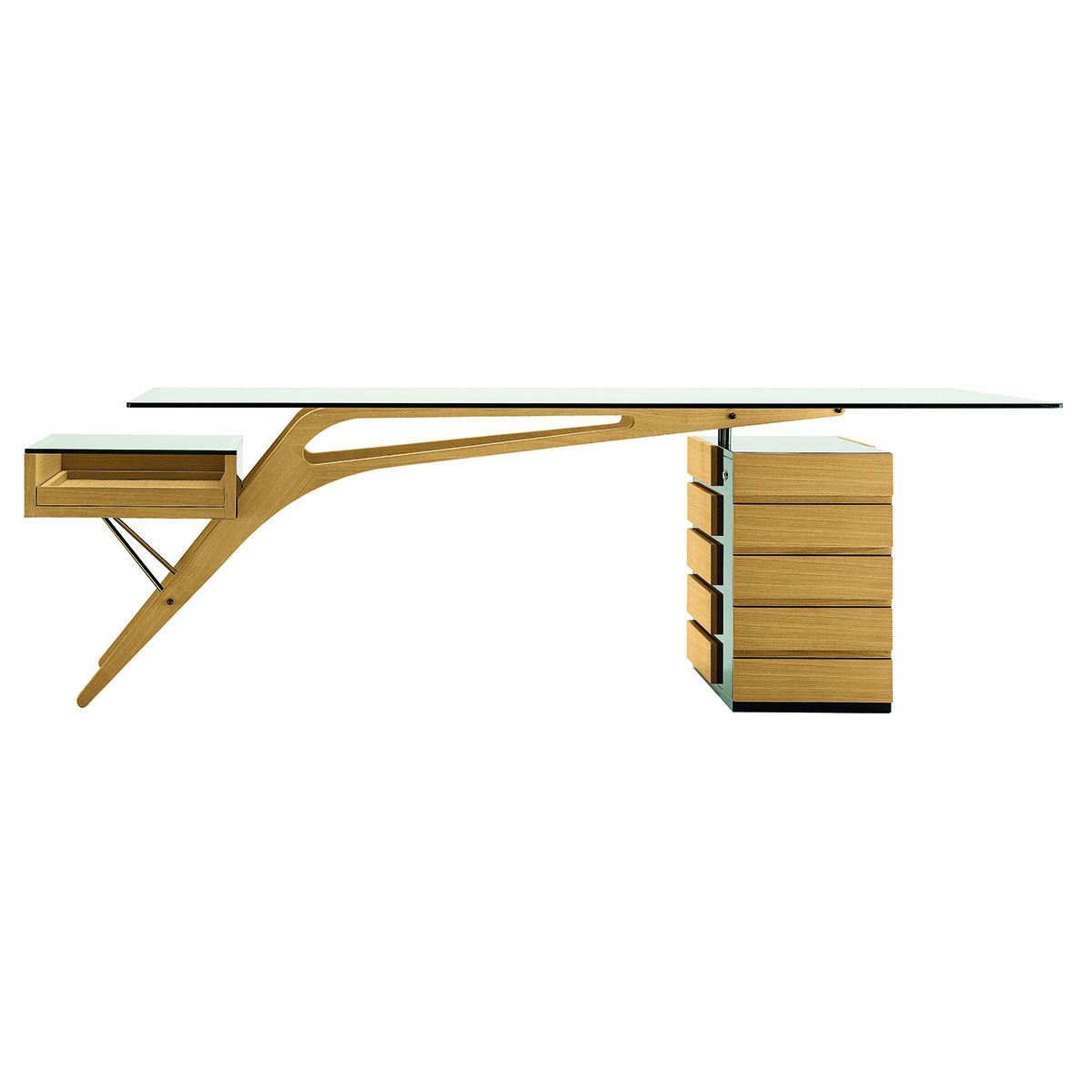 Bureau Cavour L 247 cm Hommage à Carlo Mollino - Zanotta-piètement de bois courbé et plateau de verre, de profil-The Woods Gallery