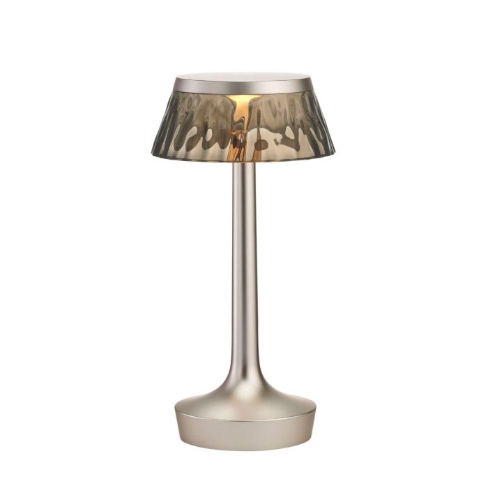 Lampe à poser Bon Jour Unplugged de Philippe Starck - Flos-Chrome noir-Abat-Jour Fumé-The Woods Gallery