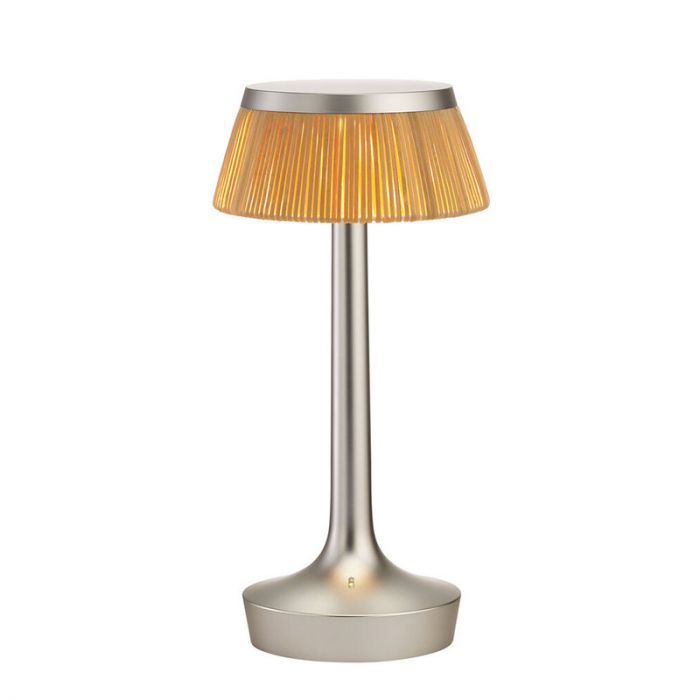 Lampe à poser Bon Jour Unplugged de Philippe Starck - Flos-Chrome noir-Abat-Jour Rotin-The Woods Gallery
