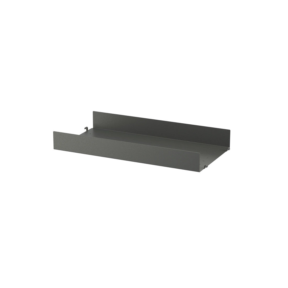 Étagère en métal perforé à rebords hauts L 58 ou 78 cm, String Furniture, coloris gris foncé, 58x30 cm, packshot sur fond blanc