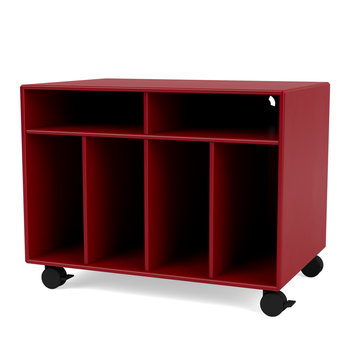 Module de Rangement Spin I par Peter J. Lassen, laque 165 Beetroot, sur roulettes, packshot Montana