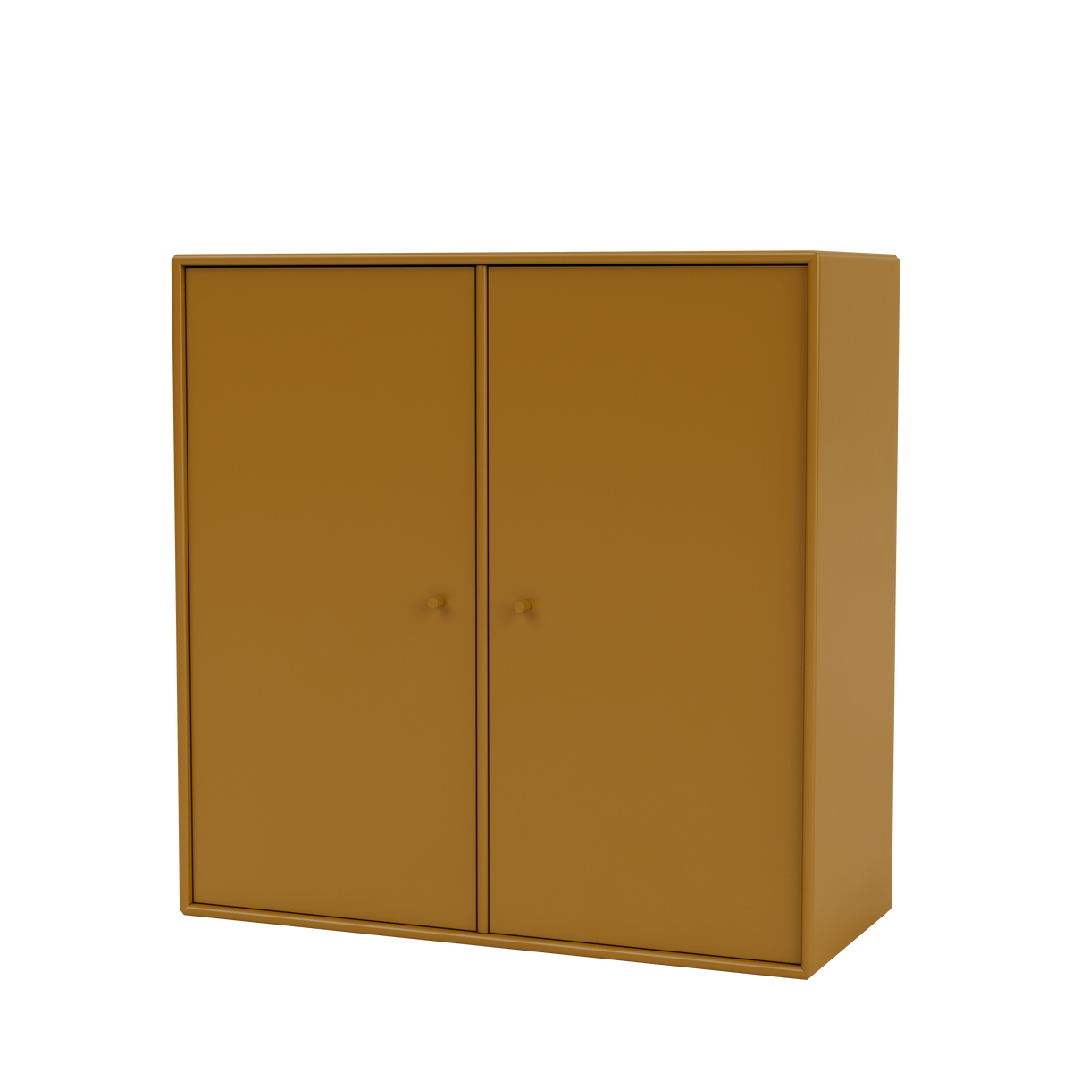 Meuble de rangement Cover Montana, laque 142 Amber, suspendu au rail mural, vue de trois quarts sur fond blanc