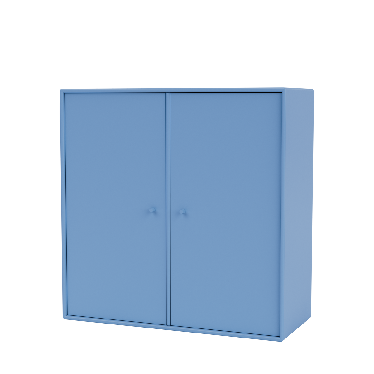 Meuble de rangement Cover Montana, laque 154 Azure, suspendu au rail mural, vue de trois quarts sur fond blanc
