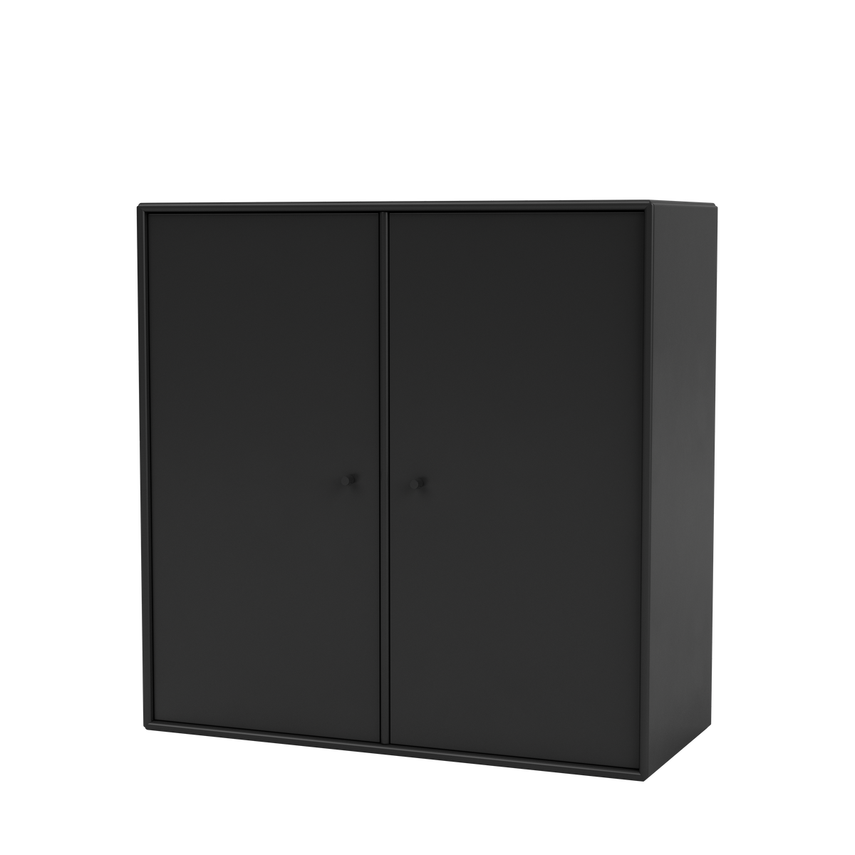 Meuble de rangement Cover Montana, laque 05 Black, suspendu au rail mural, vue de trois quarts sur fond blanc