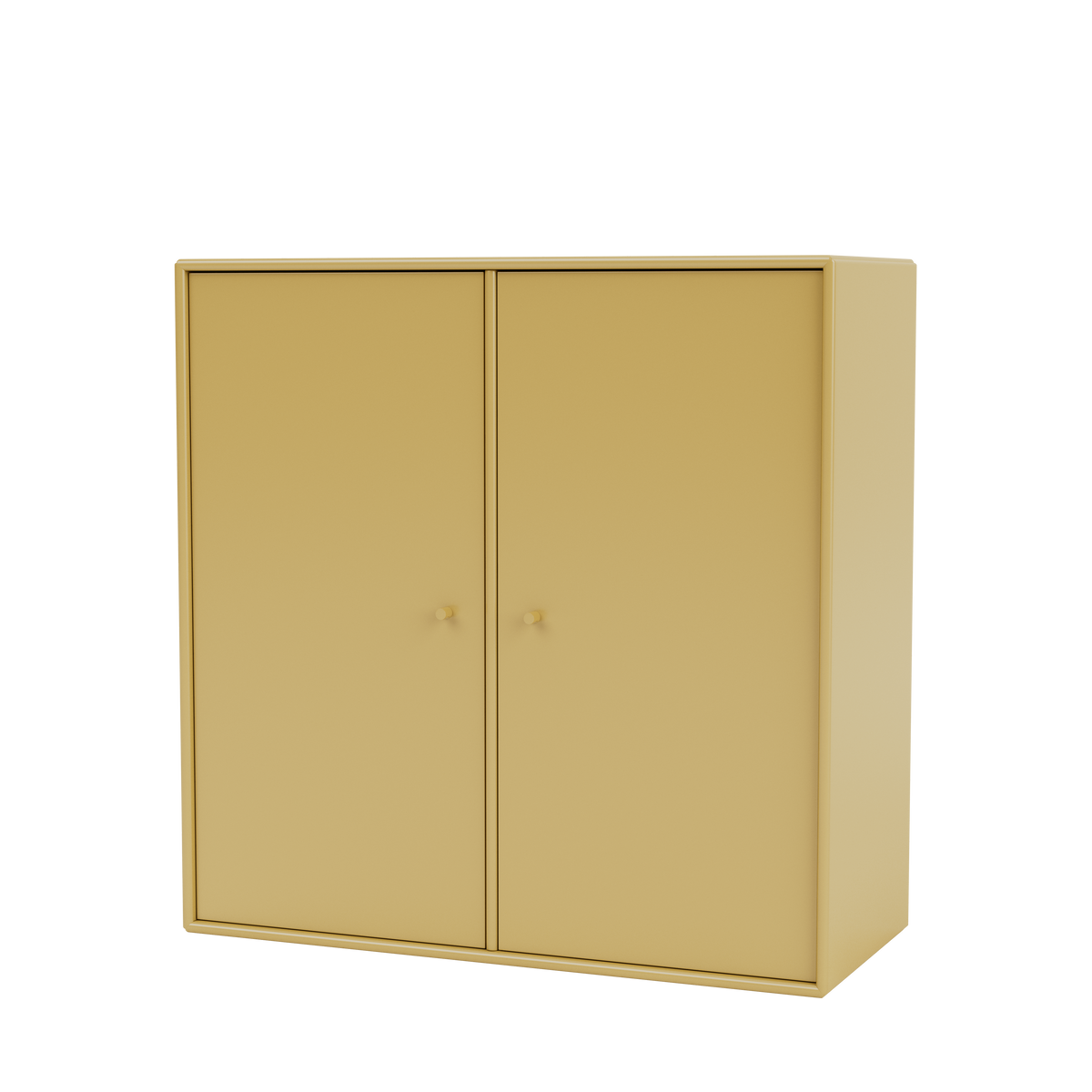 Meuble de rangement Cover Montana, laque 157 Cumin, suspendu au rail mural, vue de trois quarts sur fond blanc