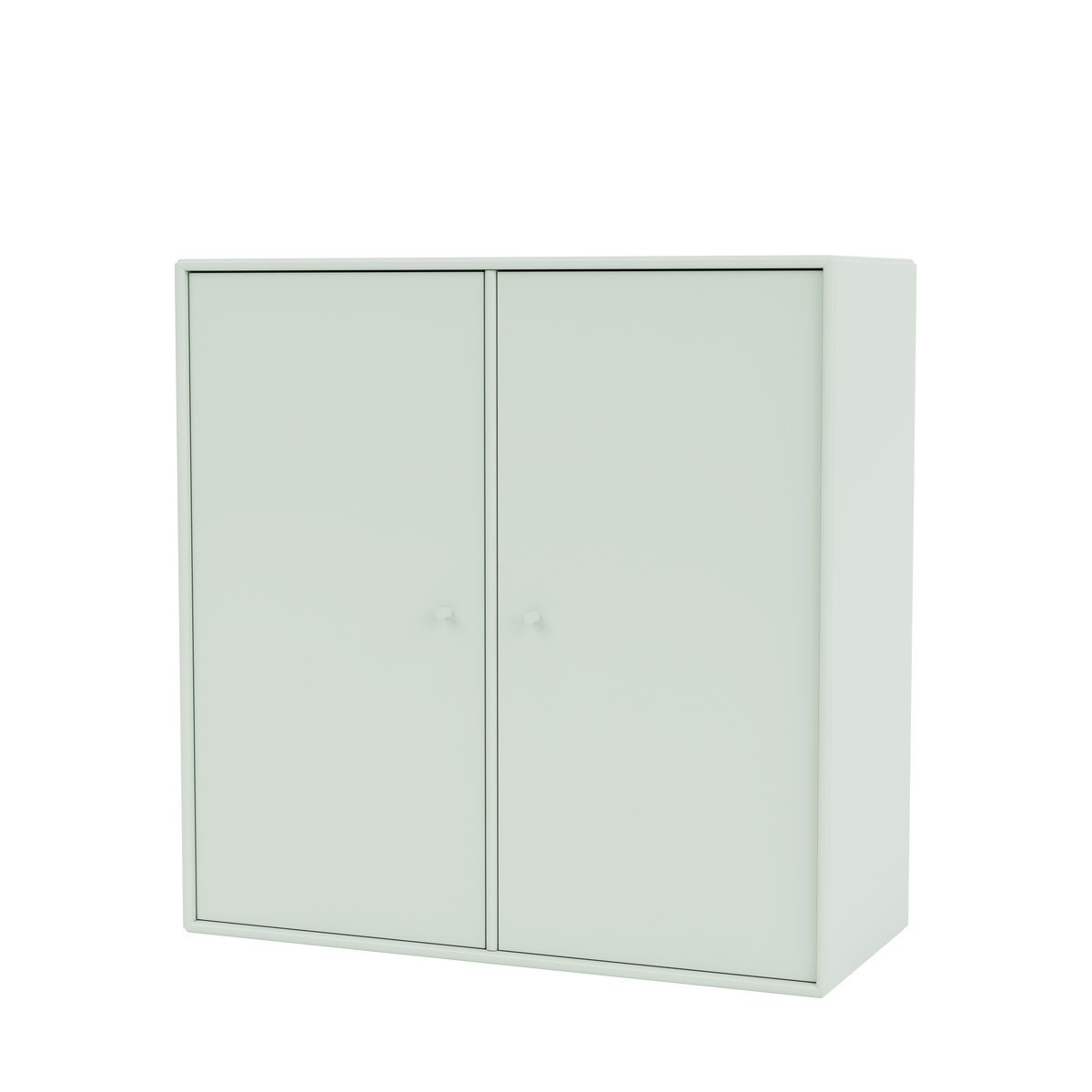 Meuble de rangement Cover Montana, laque 161 Mist, suspendu au rail mural, vue de trois quarts sur fond blanc