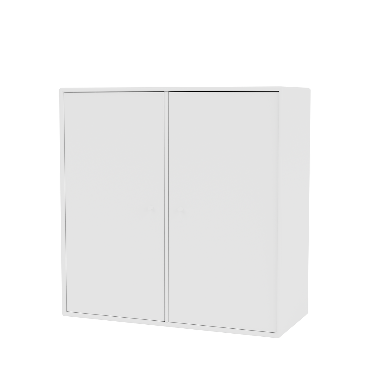 Meuble de rangement Cover Montana, laque 101 New White, suspendu au rail mural, vue de trois quarts sur fond blanc