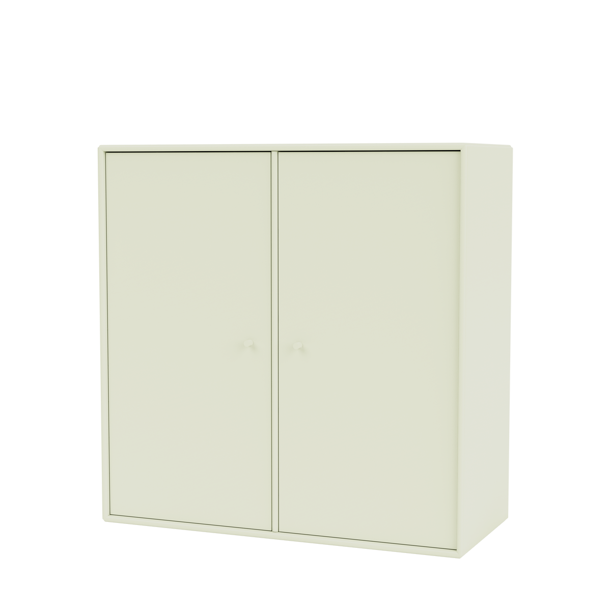 Meuble de rangement Cover Montana, laque 140 Pomelo, suspendu au rail mural, vue de trois quarts sur fond blanc