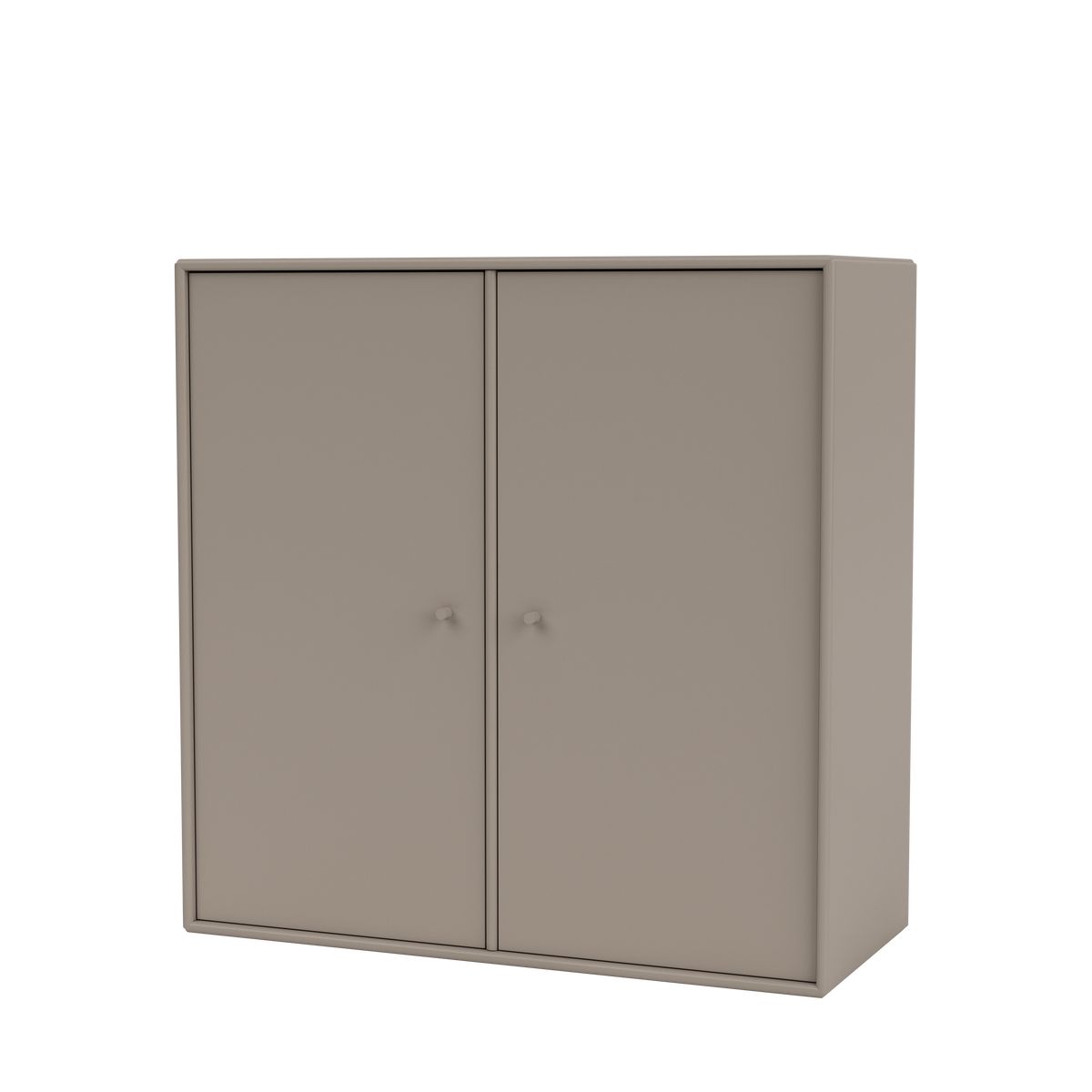 Meuble de rangement Cover Montana, laque 141 Truffle, suspendu au rail mural, vue de trois quarts sur fond blanc