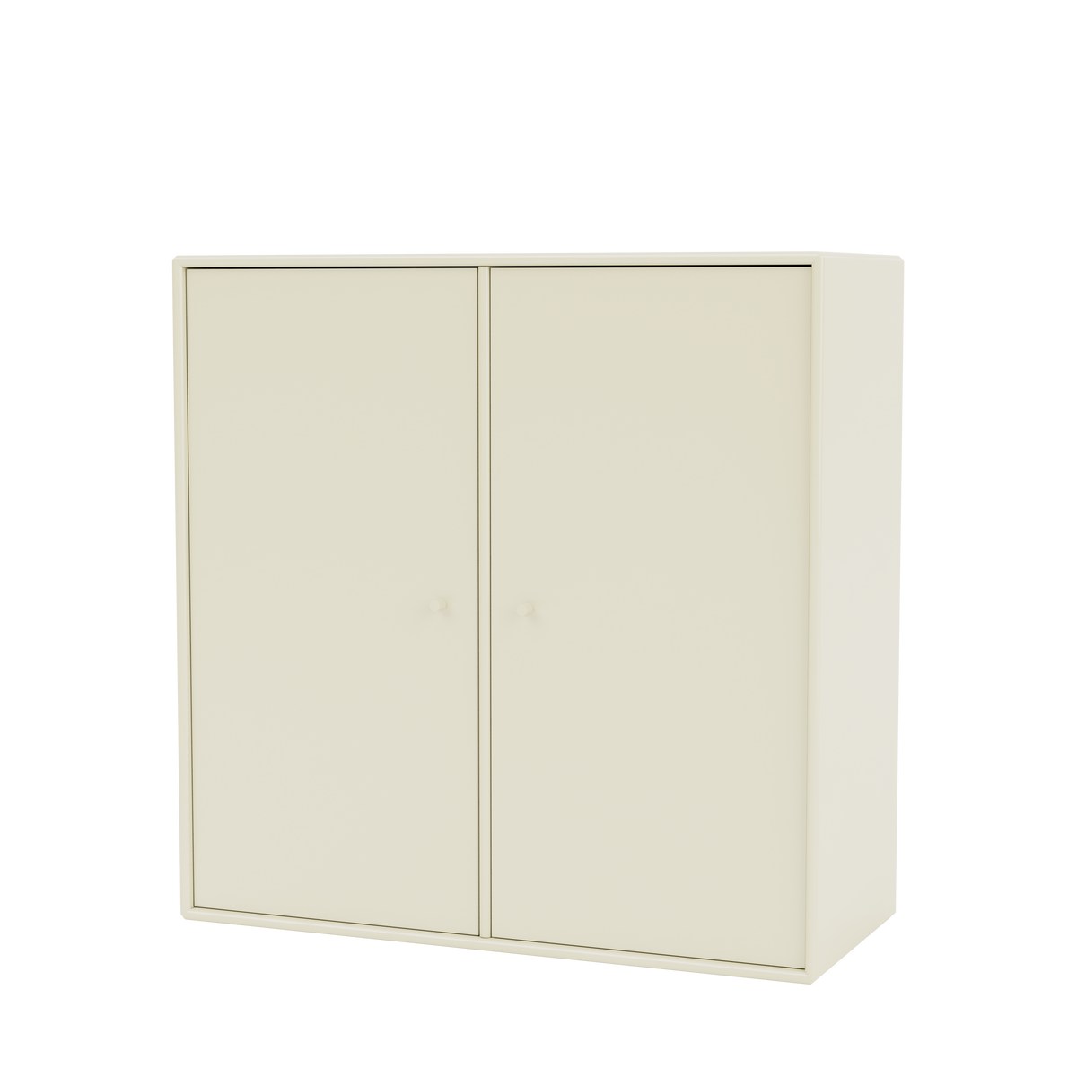 Meuble de rangement Cover Montana, laque 150 Vanilla, suspendu au rail mural, vue de trois quarts sur fond blanc