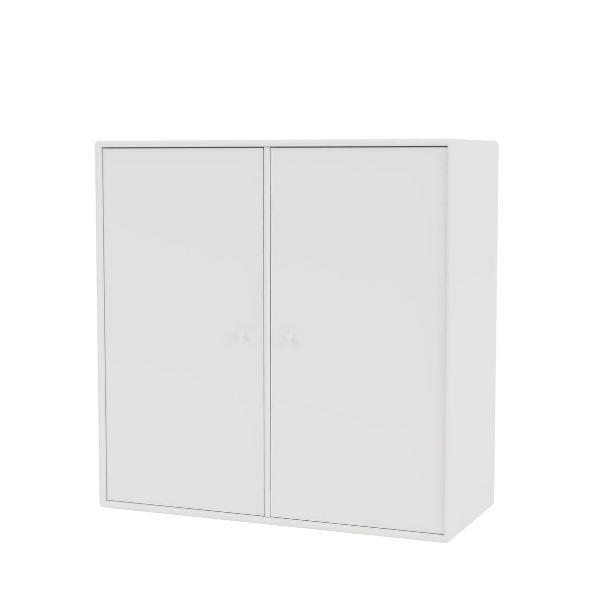 Meuble de rangement Cover Montana, laque 01 White, suspendu au rail mural, vue de trois quarts sur fond blanc