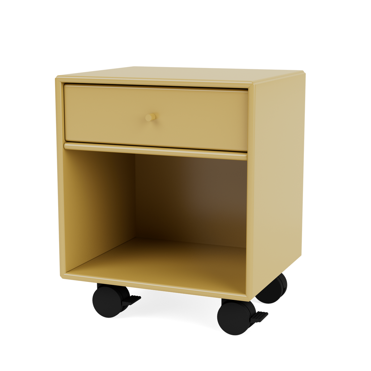 Table de chevet Dream Quick Ship, laque 157 Cumin, sur roulettes, packshot Montana
