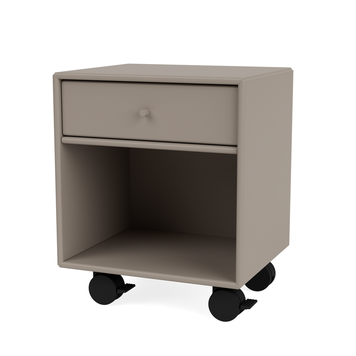 Table de chevet Dream Quick Ship, laque 141 Truffle, sur roulettes, packshot Montana