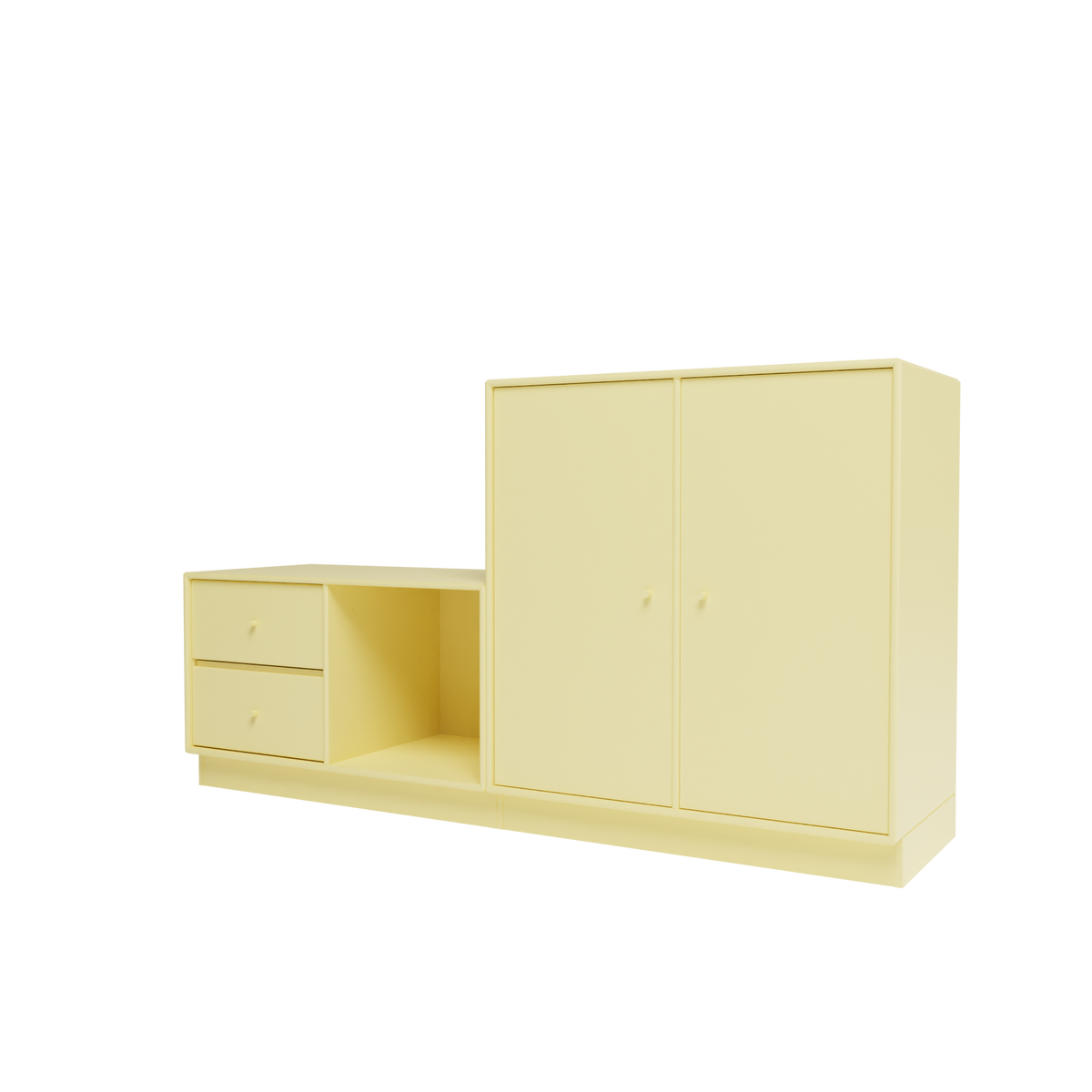 Banc Rest I Montana, laque 159 Camomile, sur socle de 7 cm, vue de trois quarts sur fond blanc