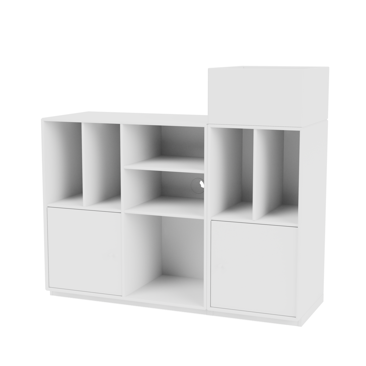 Rangement à vinyles Spin III Quick Ship, laque 101 New White, sur socle de 3 cm, packshot Montana