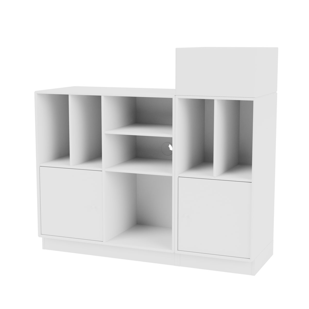 Rangement à vinyles Spin III Quick Ship, laque 101 New White, sur socle de 7 cm, packshot Montana