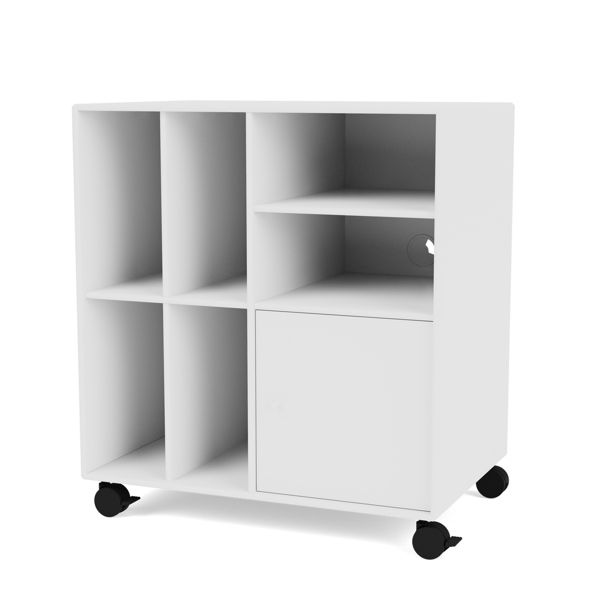 Rangement à vinyles Spin II Quick Ship, laque 101 New White, sur roulettes, packshot Montana