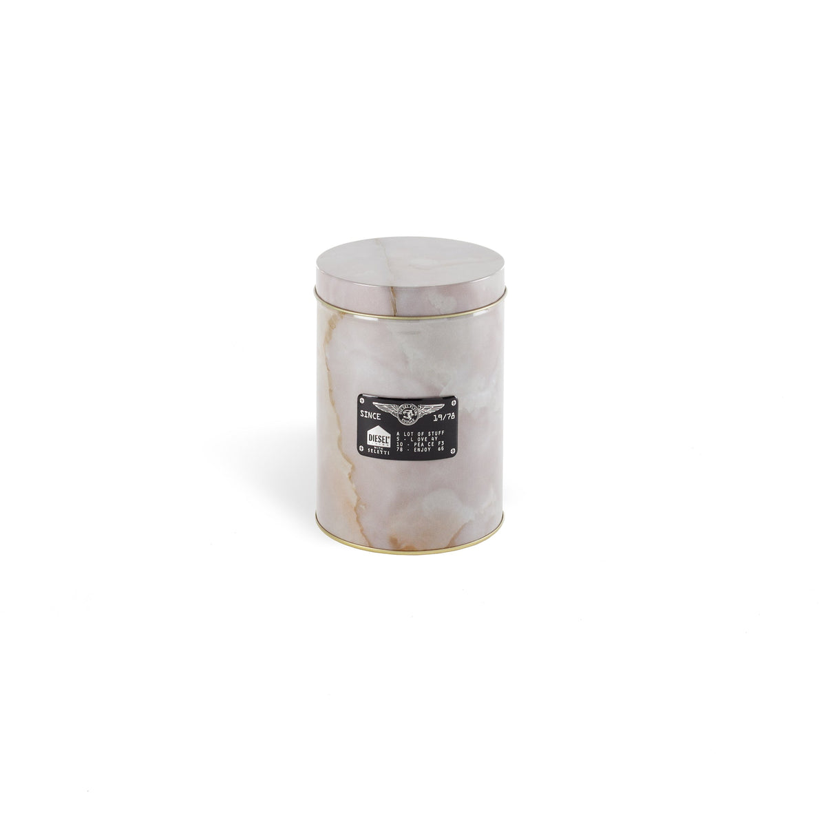 Boîte Alumarble Round de Diesel Living - Seletti-boîte métallique imprimée marbre clair, couvercle en place-Seletti