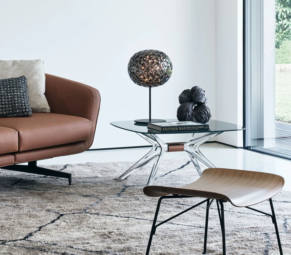 Table Blast de Philippe Starck - Kartell-Jaune-Cristal - Détail Chromé-H 40 X L 80 cm-The Woods Gallery