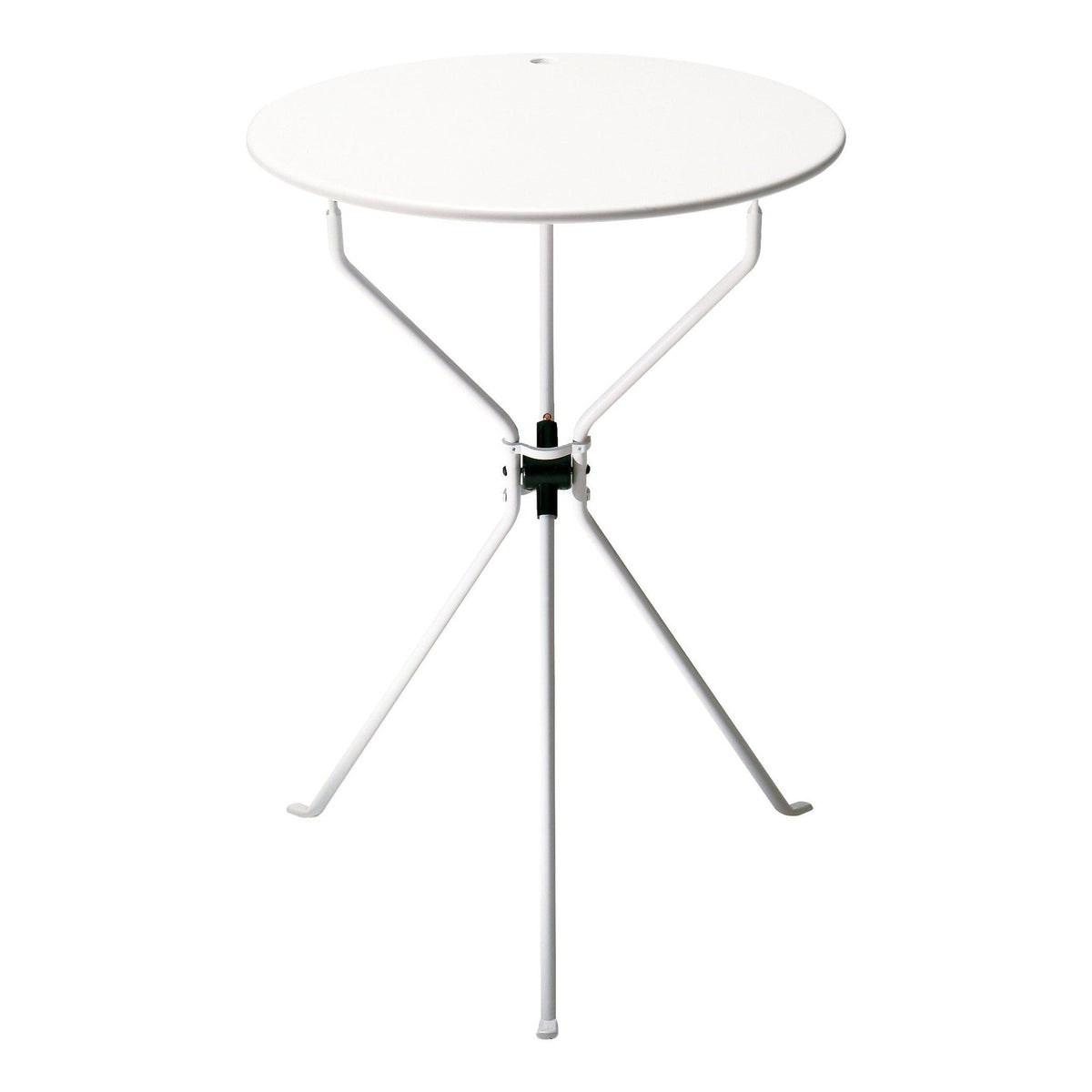 Table pliante Cumano Ø55 cm par Achille Castiglioni - Zanotta-plateau rond blanc sur trois pieds croisés-The Woods Gallery