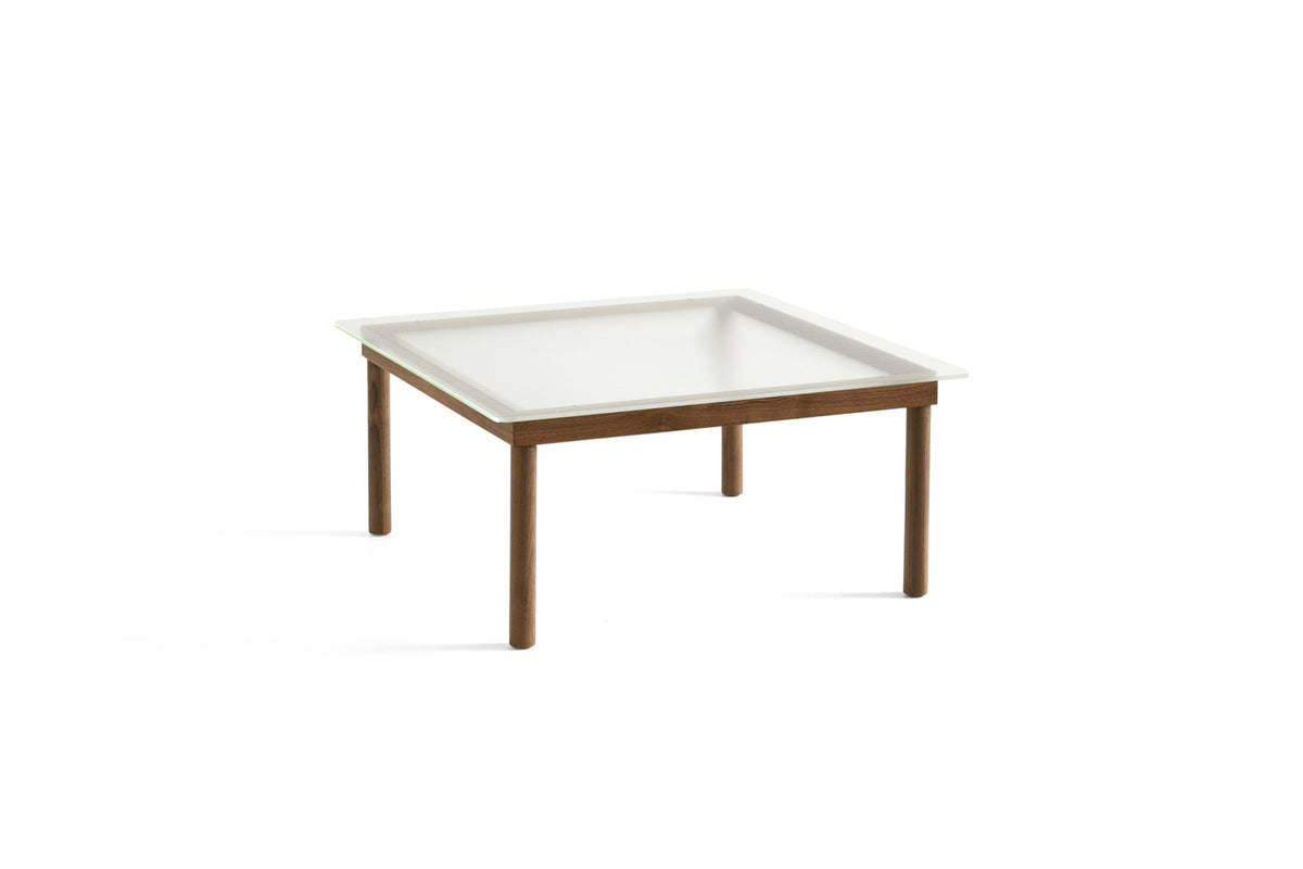 Table basse Kofi 80 x 80 cm, verre strié et piètement en noyer laqué