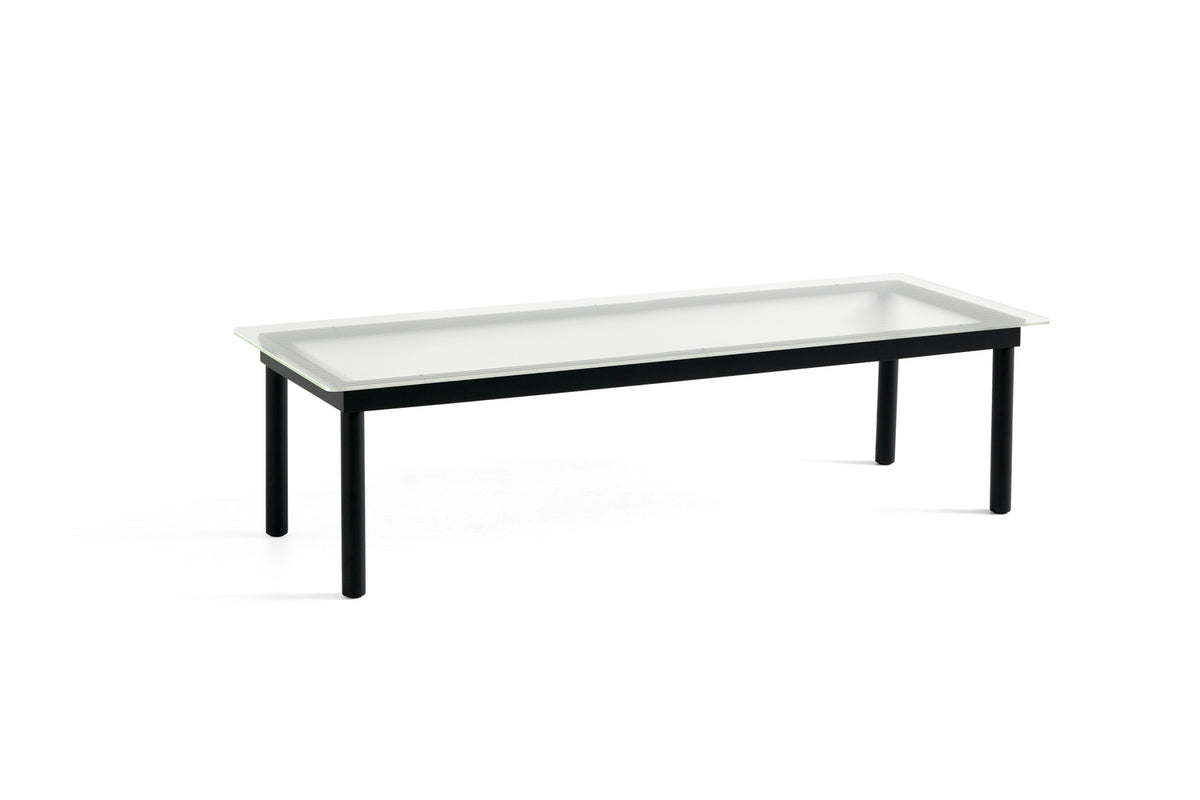 Table basse Kofi 140 x 50 cm, verre strié et piètement en chêne laqué noir