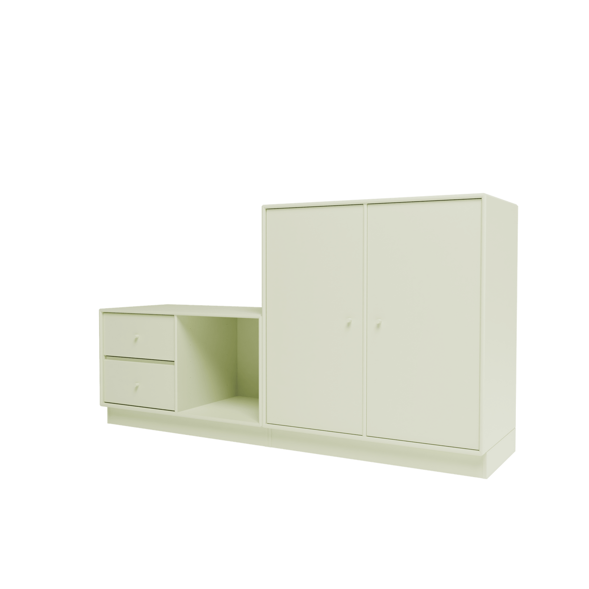 Banc Rest I Montana, laque 140 Pomelo, sur socle de 7 cm, vue de trois quarts sur fond blanc