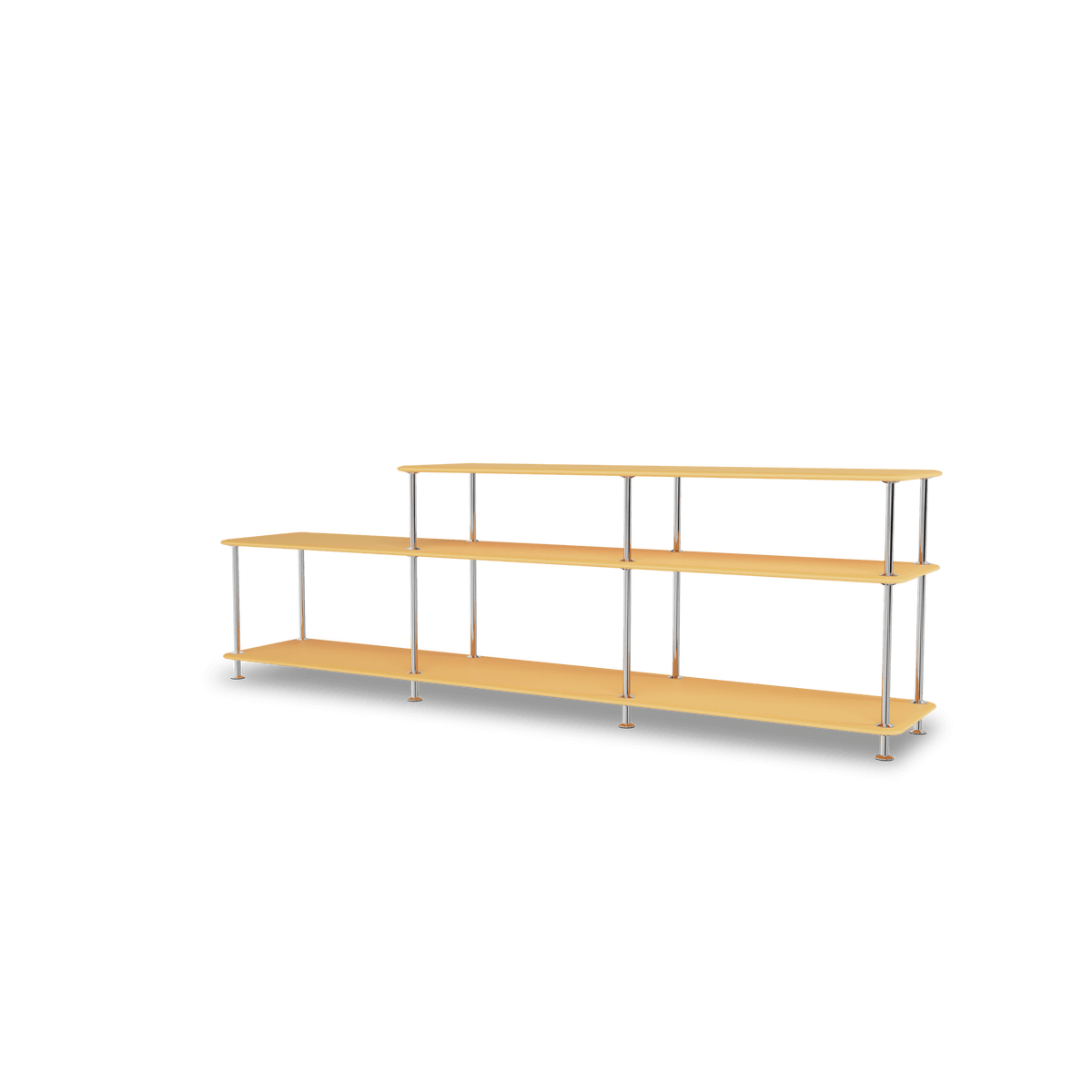 Etagère Free 111220 Montana, tablettes 233 Acacia et structure 44C Chrome, vue de trois quarts sur fond blanc
