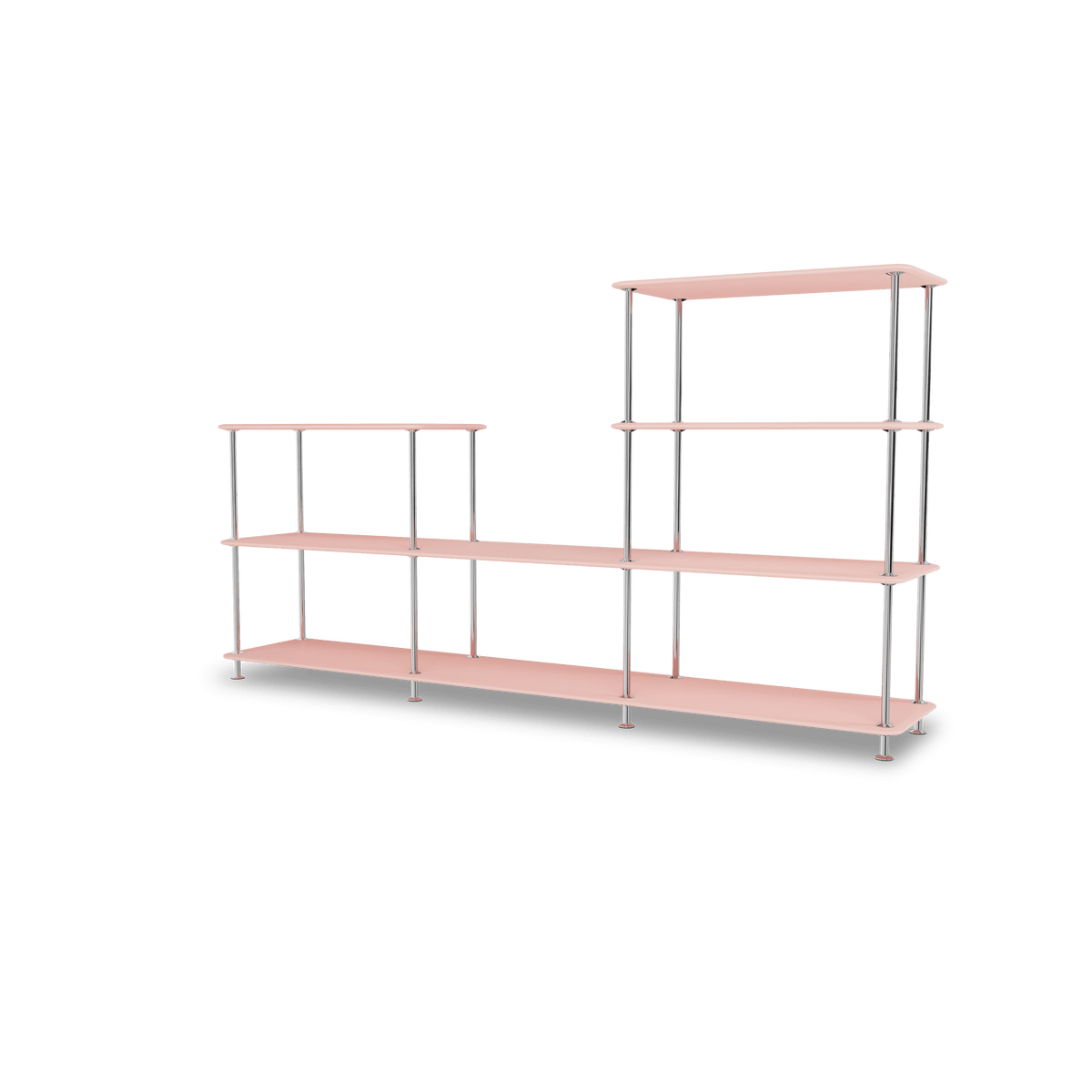 Etagère Free 312000 Montana, tablettes 167 Ruby et structure 44C Chrome, vue de trois quarts sur fond blanc