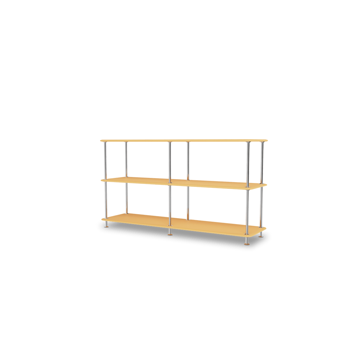 Etagère Free 220000 Montana, tablettes 233 Acacia et structure 44C Chrome, vue de trois quarts sur fond blanc