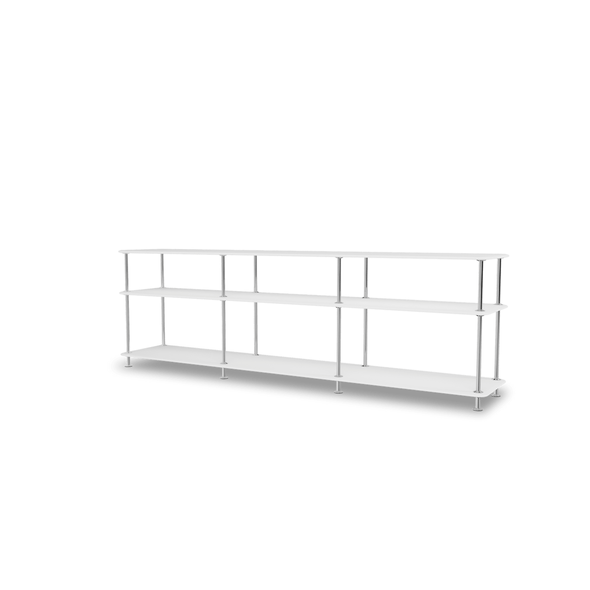 Etagère Free 111222 Montana, tablettes 214 New White et structure 44C Chrome, vue de trois quarts sur fond blanc
