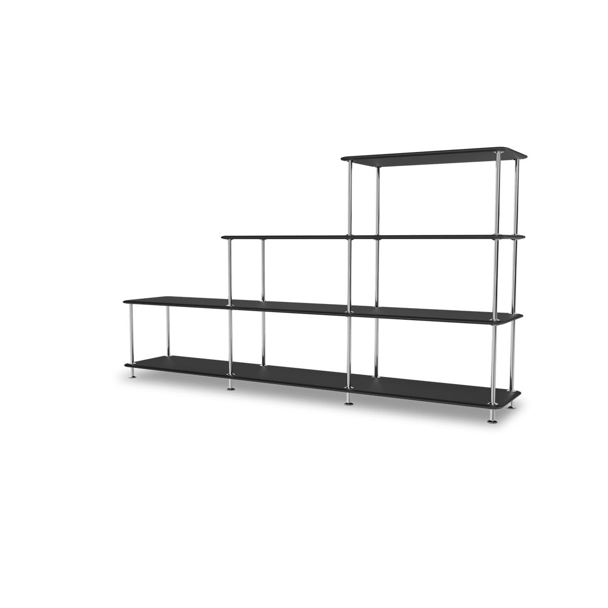 Etagère Free 321000 Montana, tablettes 207 Black et structure 44C Chrome, vue de trois quarts sur fond blanc