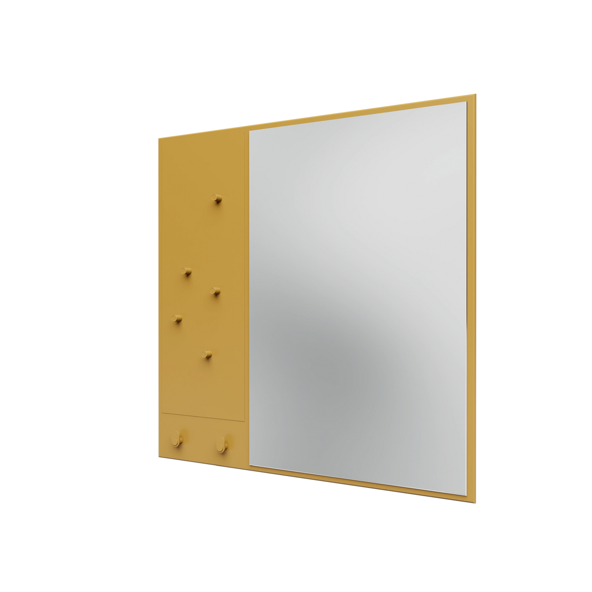 Miroir Memo Montana, laque 157 Cumin, suspendu au rail mural, vue de trois quarts sur fond blanc
