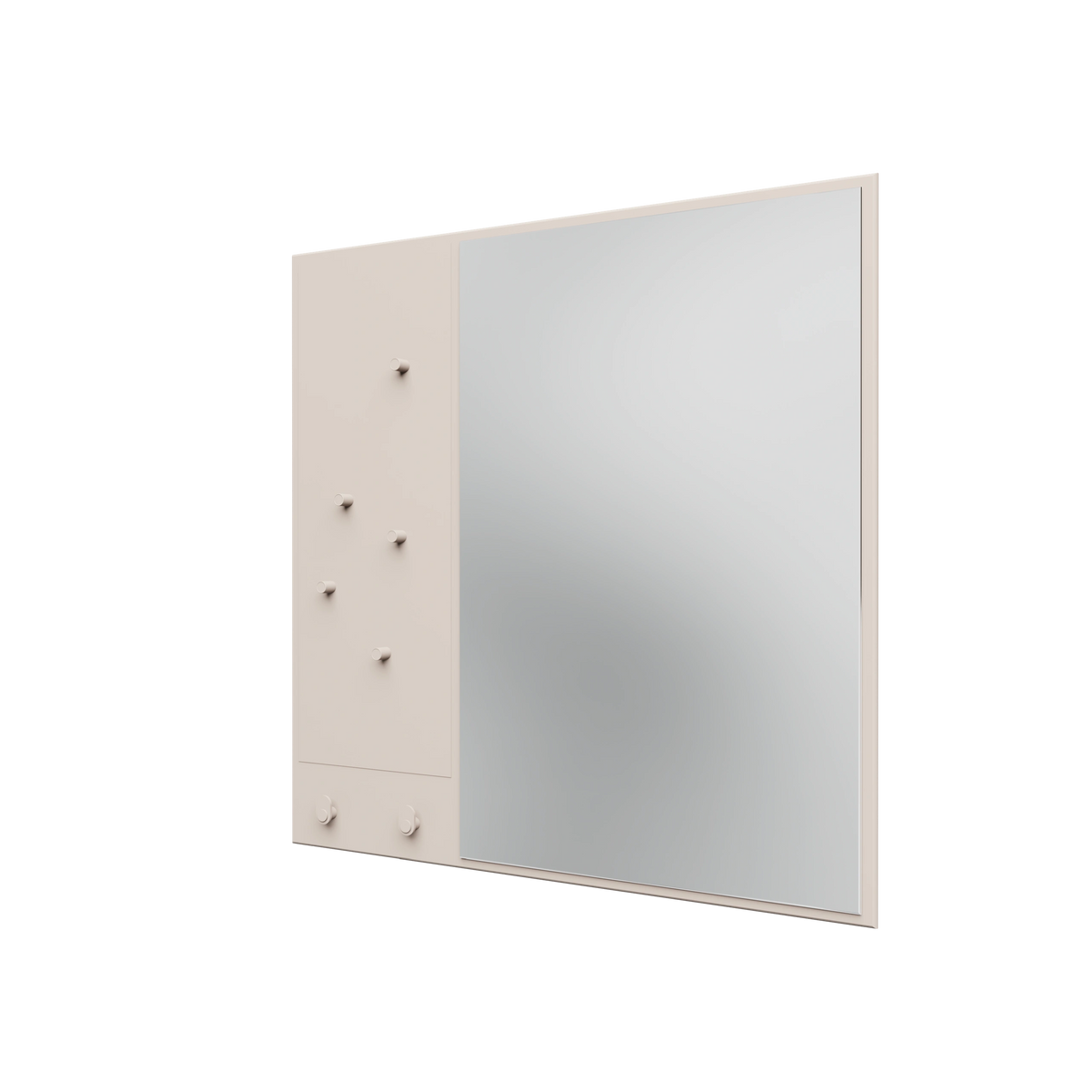 Miroir Memo Montana, laque 158 Oat, suspendu au rail mural, vue de trois quarts sur fond blanc