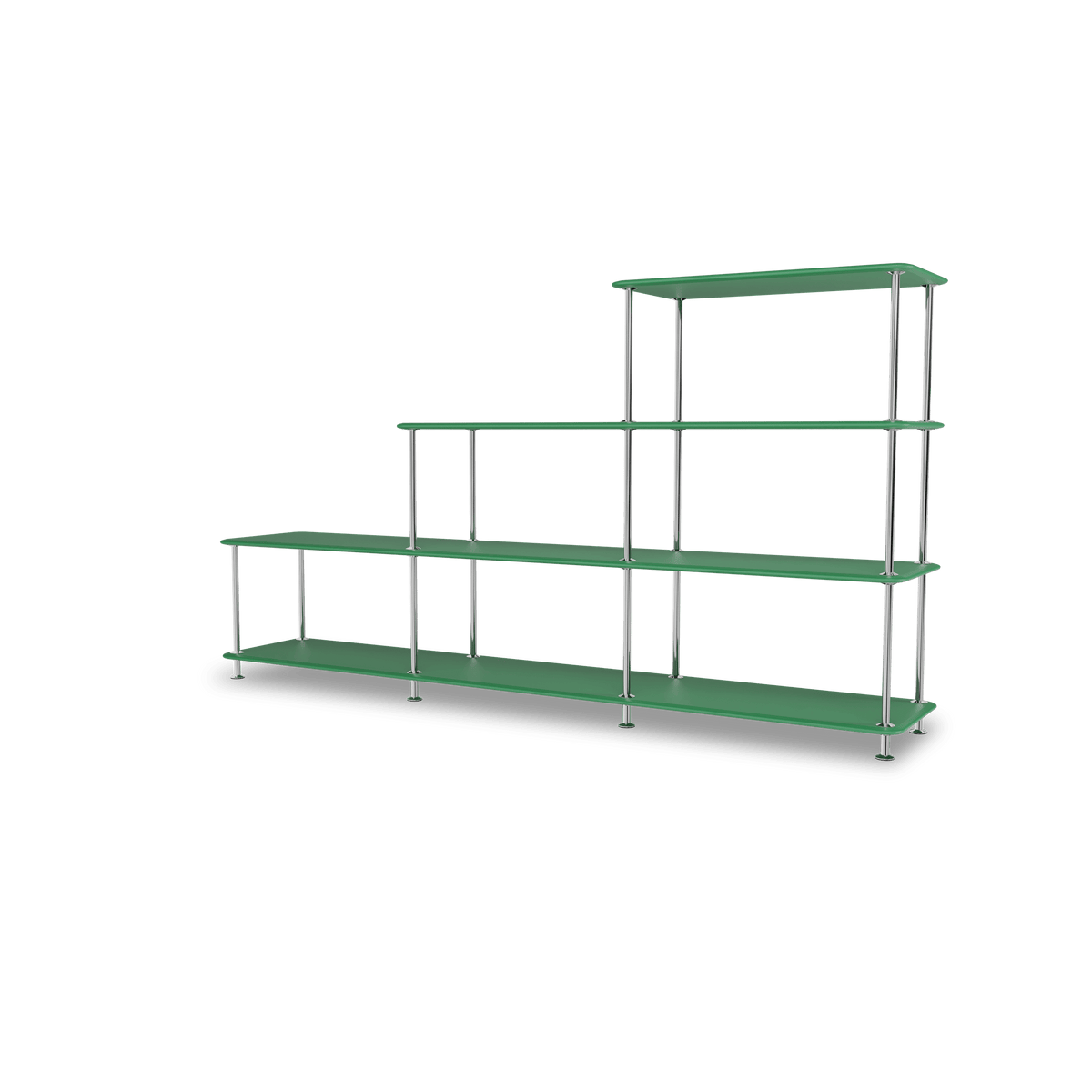 Etagère Free 321000 Montana, tablettes 232 Parsley et structure 44C Chrome, vue de trois quarts sur fond blanc