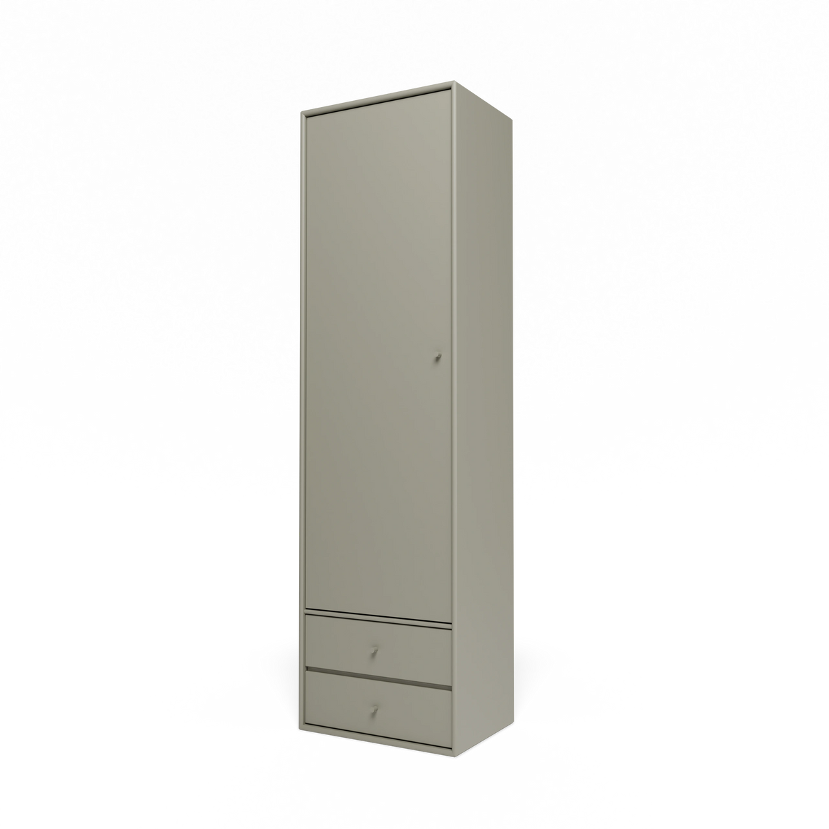 Armoire Attire I Montana, laque 144 Fennel, suspendu au rail mural, vue de trois quarts sur fond blanc