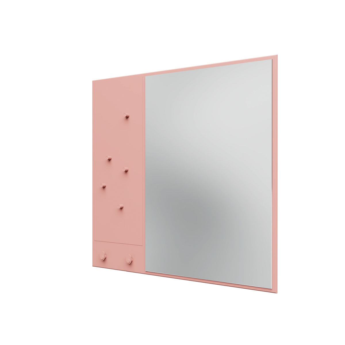 Miroir Memo Montana, laque 167 Ruby, suspendu au rail mural, vue de trois quarts sur fond blanc