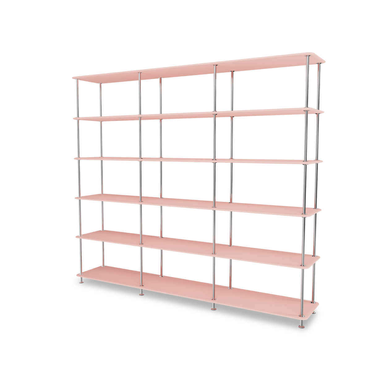 Etagère Free 555000 Montana, tablettes 167 Ruby et structure 44C Chrome, vue de trois quarts sur fond blanc