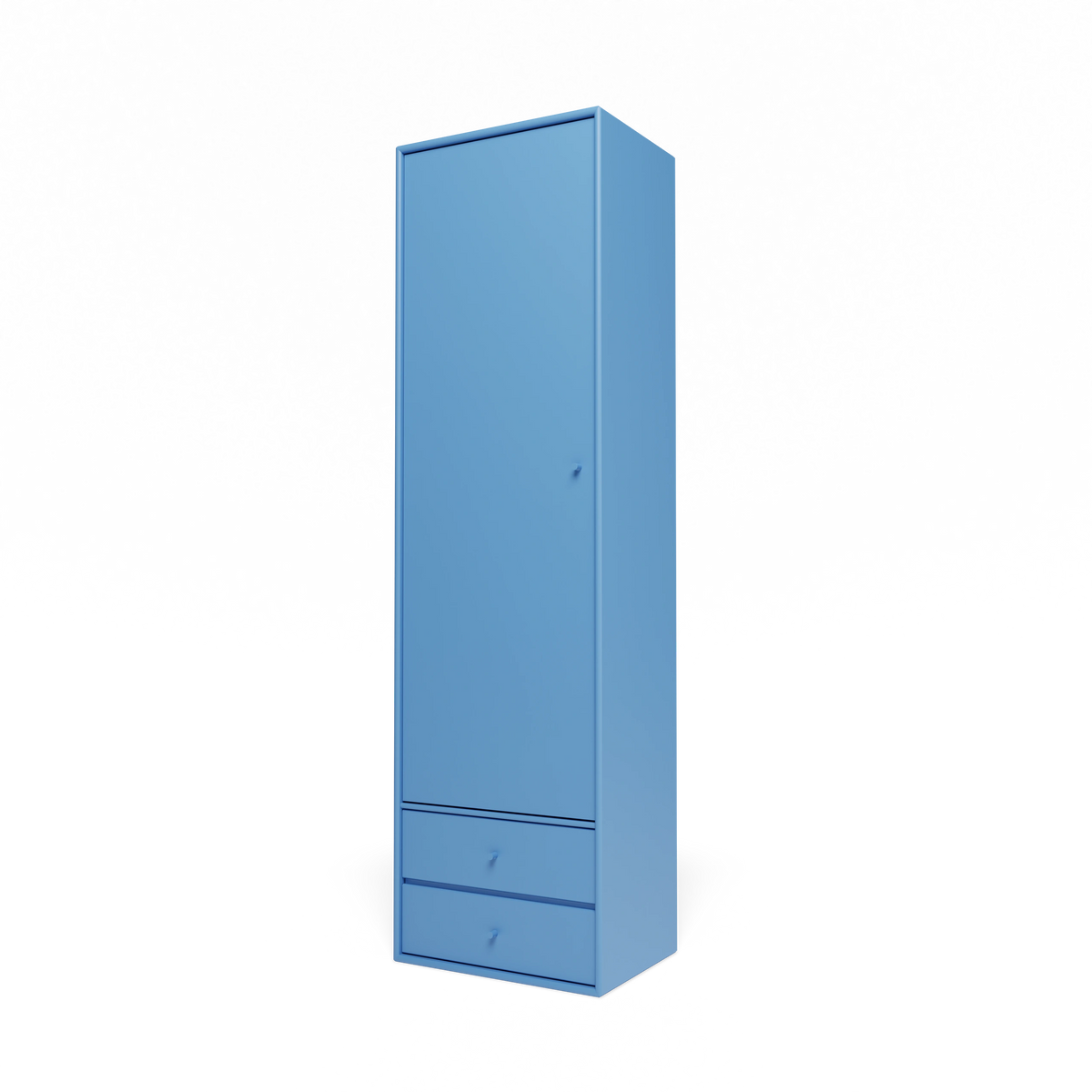 Armoire Attire I Montana, laque 154 Azure, suspendu au rail mural, vue de trois quarts sur fond blanc