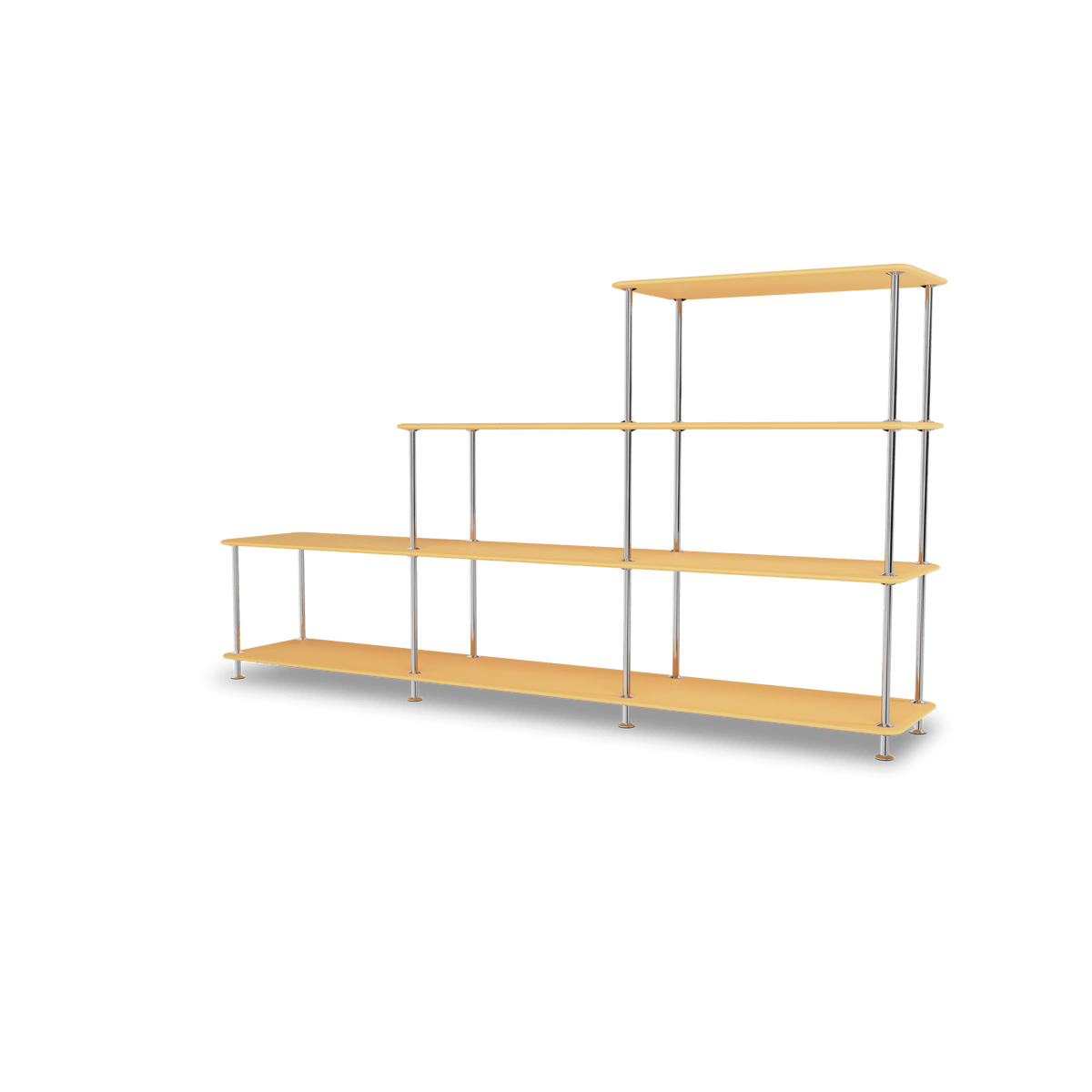 Etagère Free 321000 Montana, tablettes 233 Acacia et structure 44C Chrome, vue de trois quarts sur fond blanc