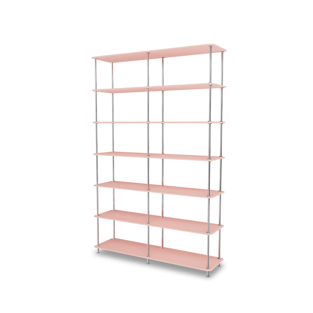 Etagère Free 660000 Montana, tablettes 167 Ruby et structure 44C Chrome, vue de trois quarts sur fond blanc