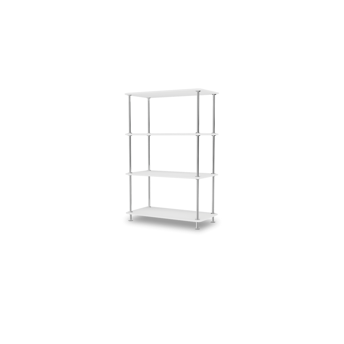 Etagère Free 300000 Montana, tablettes 214 New White et structure 44C Chrome, vue de trois quarts sur fond blanc