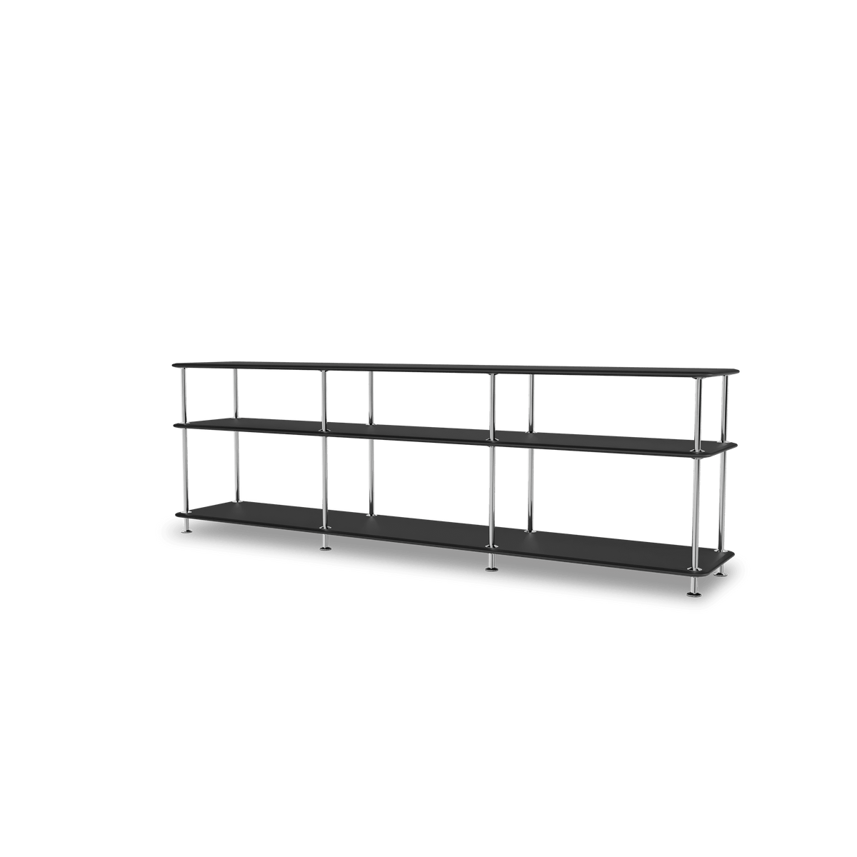 Etagère Free 111222 Montana, tablettes 207 Black et structure 44C Chrome, vue de trois quarts sur fond blanc