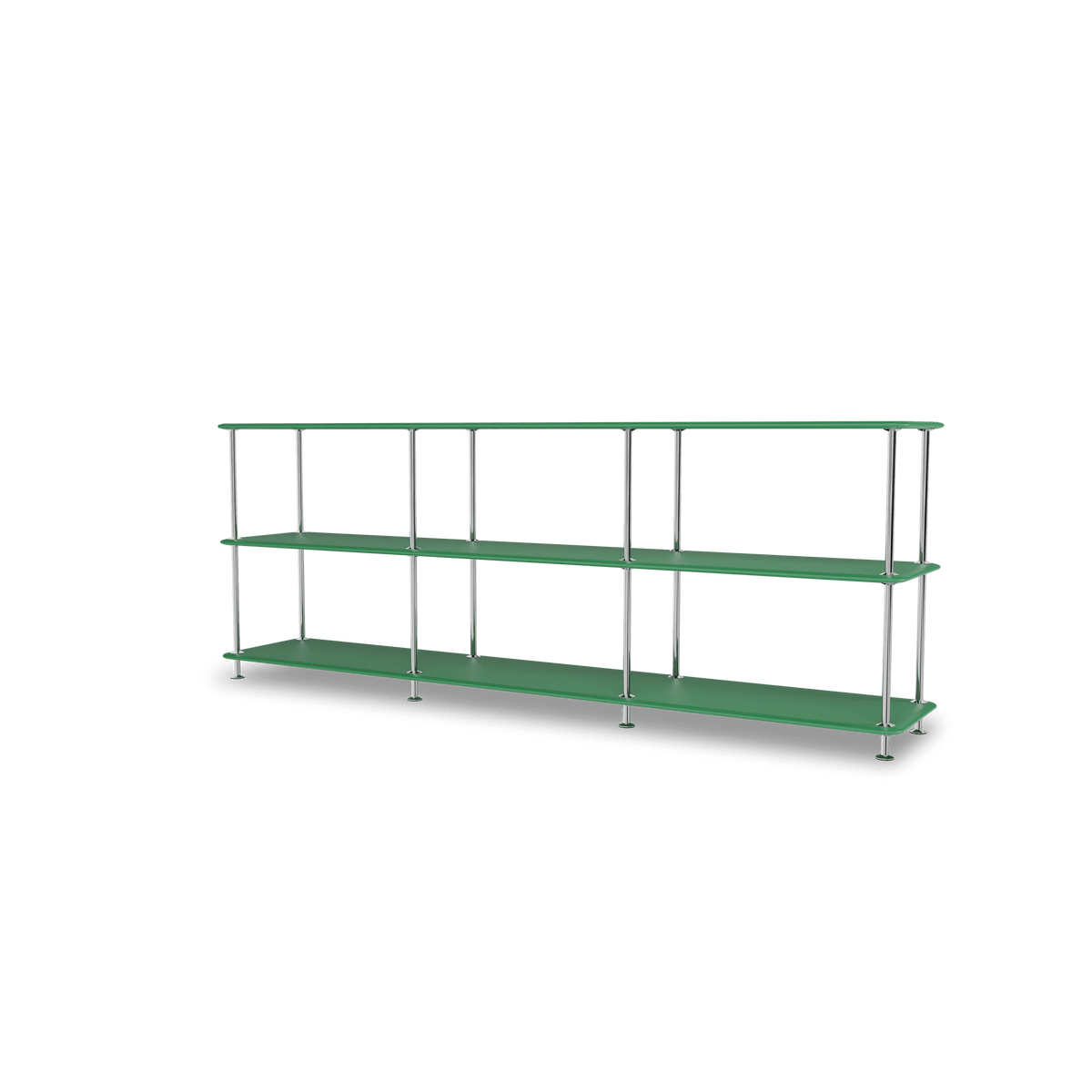 Etagère Free 222000 Montana, tablettes 232 Parsley et structure 44C Chrome, vue de trois quarts sur fond blanc