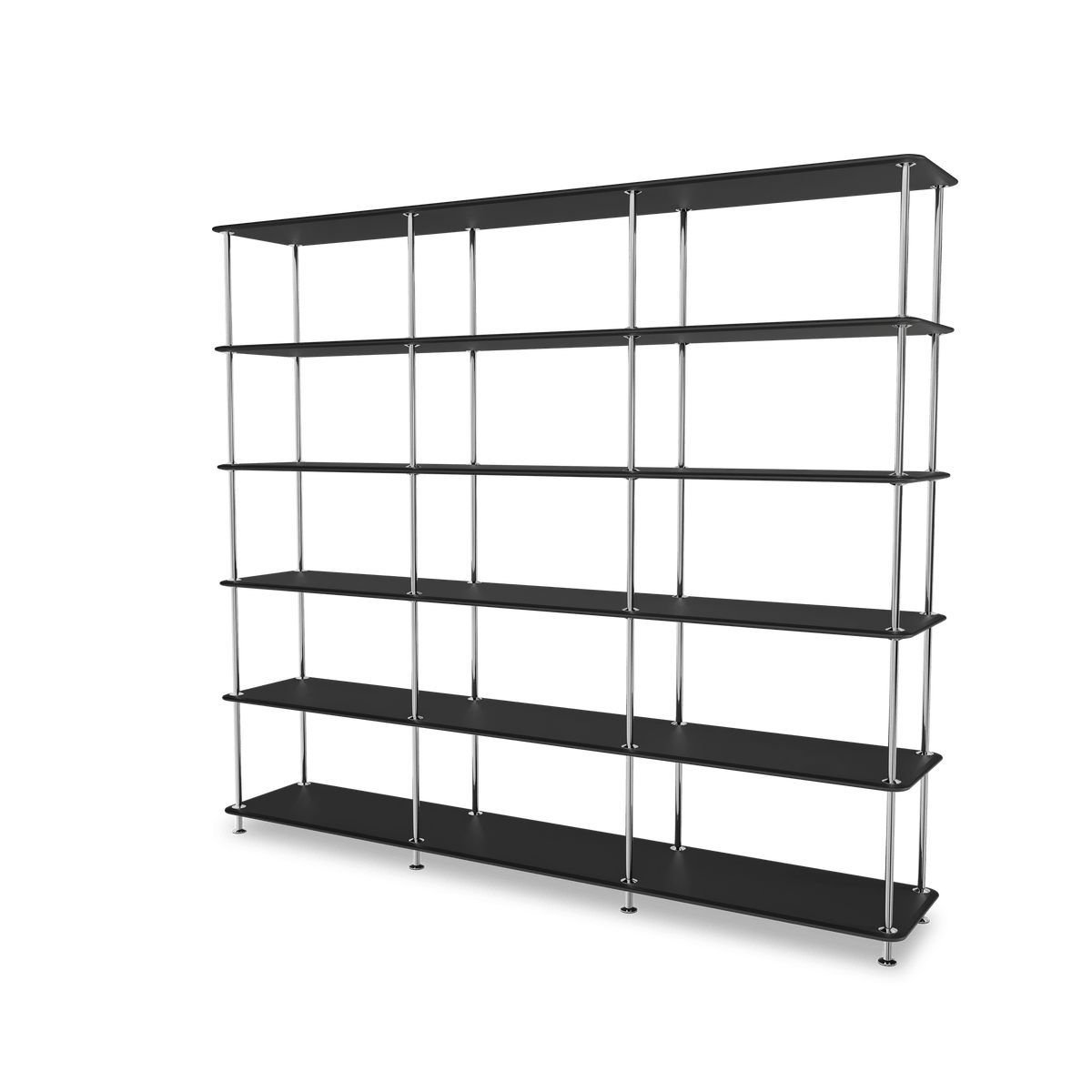 Etagère Free 555000 Montana, tablettes 207 Black et structure 44C Chrome, vue de trois quarts sur fond blanc