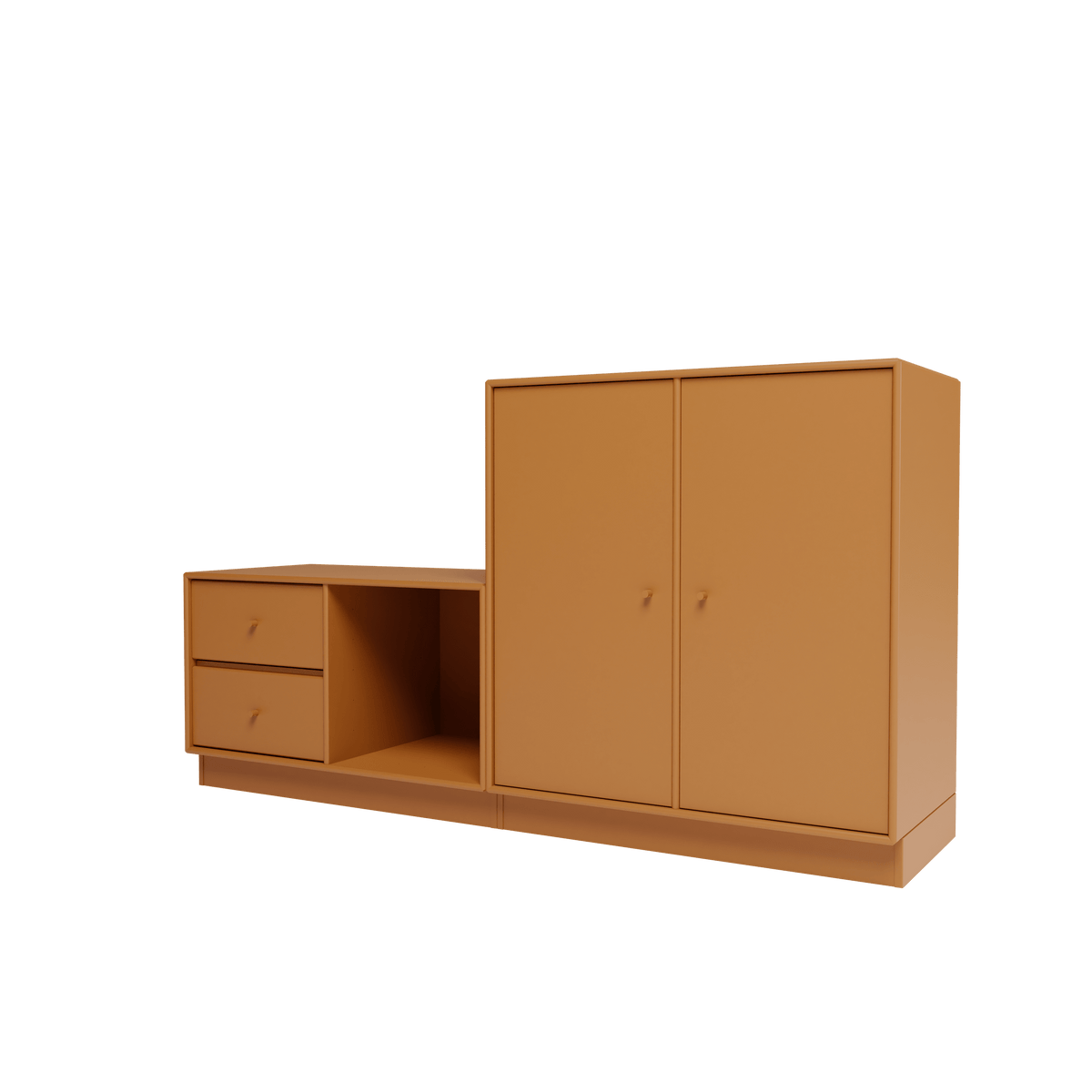 Banc Rest I Montana, laque 142 Amber, sur socle de 7 cm, vue de trois quarts sur fond blanc