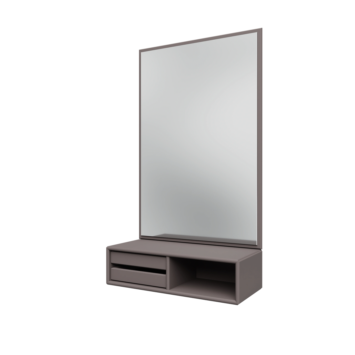 Miroir Glance Montana, laque 35 Coffee, suspendu au rail mural, vue de trois quarts sur fond blanc