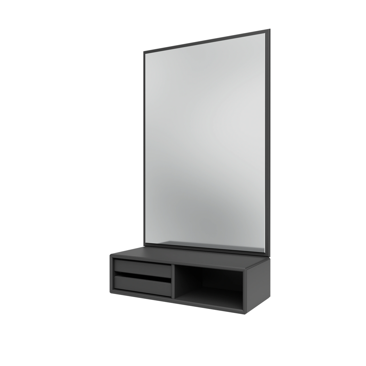 Miroir Glance Montana, laque 04 Anthracite, suspendu au rail mural, vue de trois quarts sur fond blanc